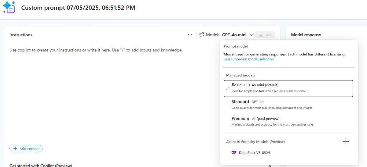 copilot studio prompt tool, which shows AI model from Azure AI foundary